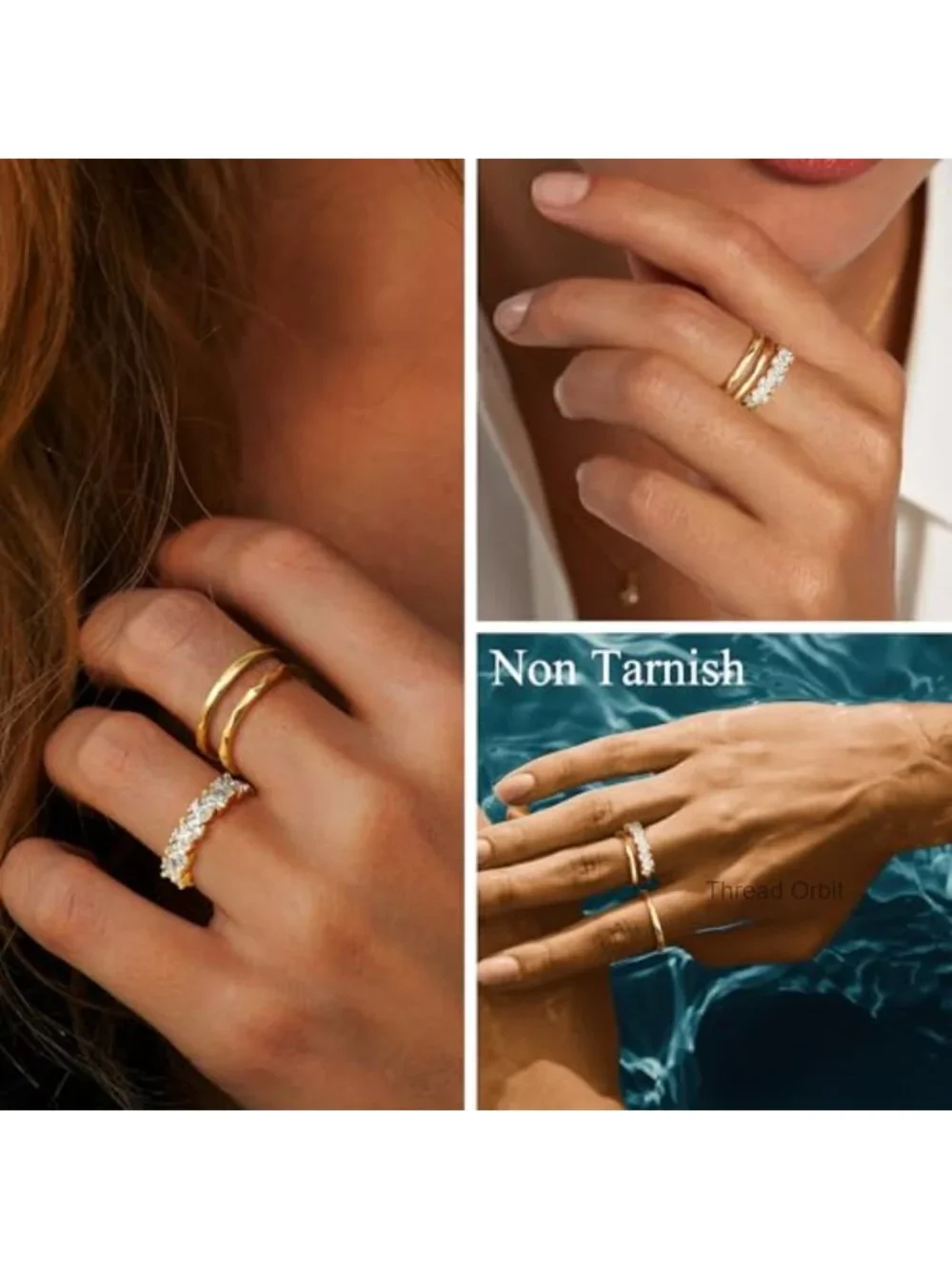 14K Gold Plated Stackable Cubic Zirconia Ring Set, Non Tarnish Dainty Boho